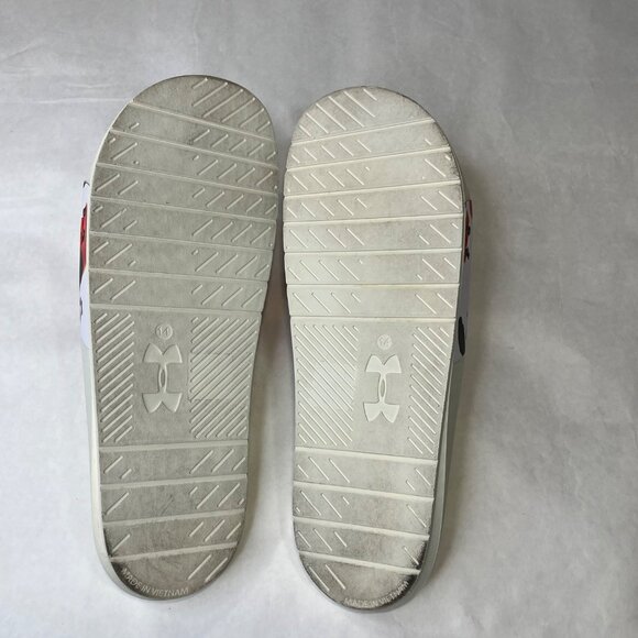 Under Armour Mens Size 14 White Slides With Abstract Red & Black Splatter Design - Picture 3 of 5